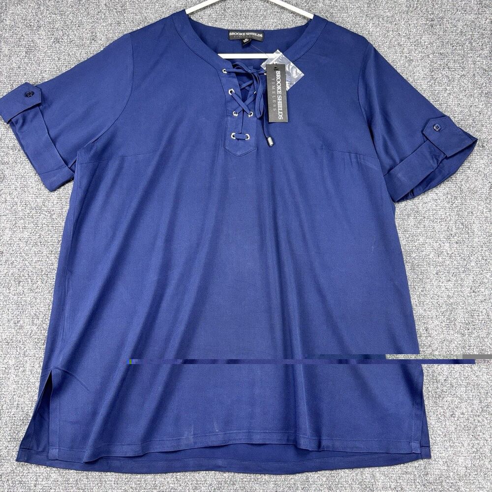 Brooke Shields Top M Navy Lace-Up Tab Sleeve Tunic Side Slit NWT